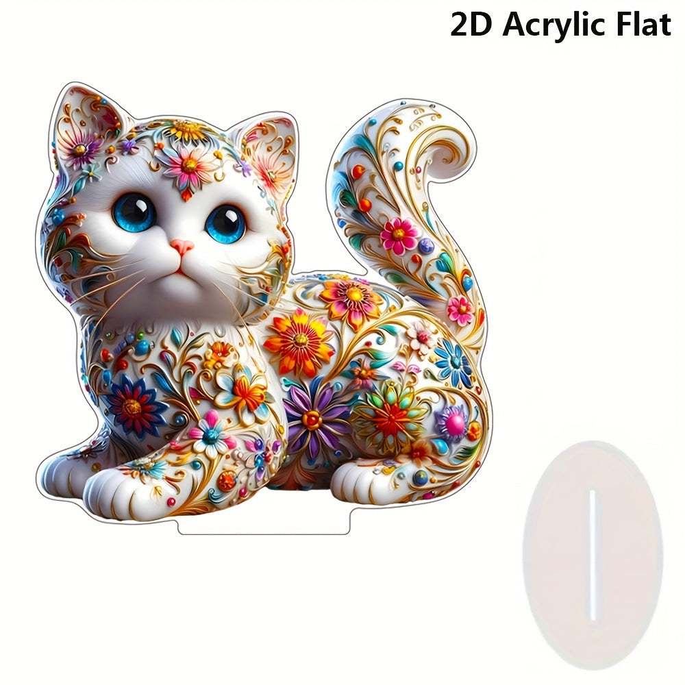 Flat floral kitten acrylic ornament and separate display base