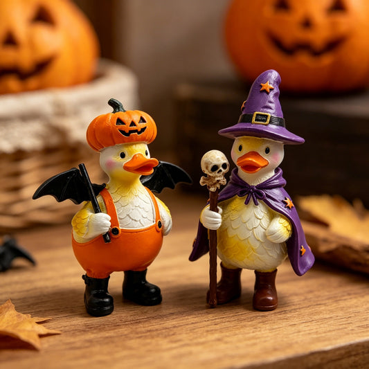 Halloween Duck Figurine Set of 2 – Resin Pumpkin Hat & Witch Duck Desktop Decor