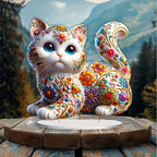 Floral kitten acrylic ornament with mountain scenery behind it