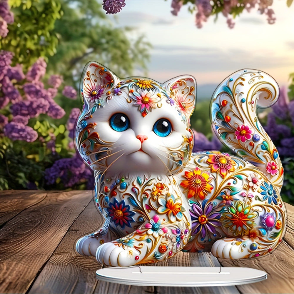 Colorful floral cat acrylic ornament styled with flowers