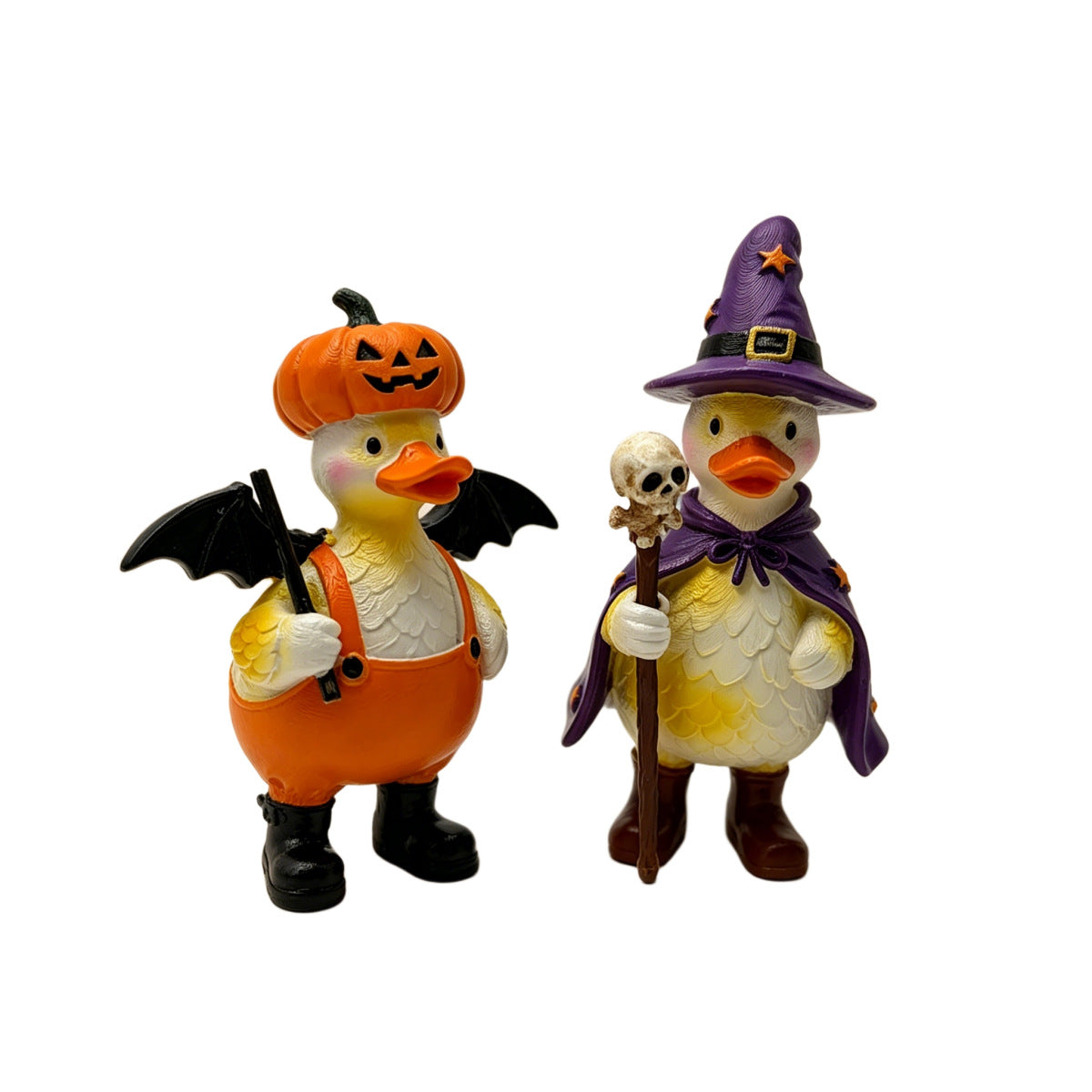 Halloween Duck Figurine Set of 2 – Resin Pumpkin Hat & Witch Duck Desktop Decor