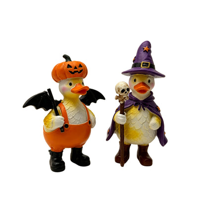 Halloween Duck Figurine Set of 2 – Resin Pumpkin Hat & Witch Duck Desktop Decor
