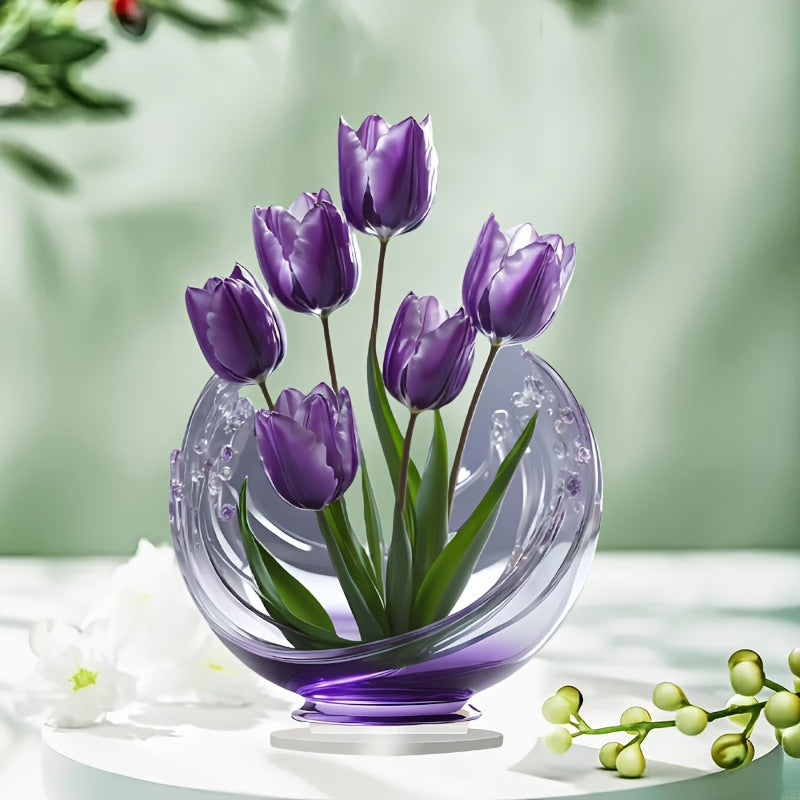 Violeta acrylic tulip ornament with vase-shaped artwork on a table