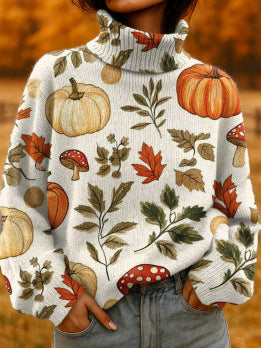 Festive Christmas Print Turtleneck Sweater for Women – Cozy Knit Pullover with Holiday Reindeer & Snowflake Design