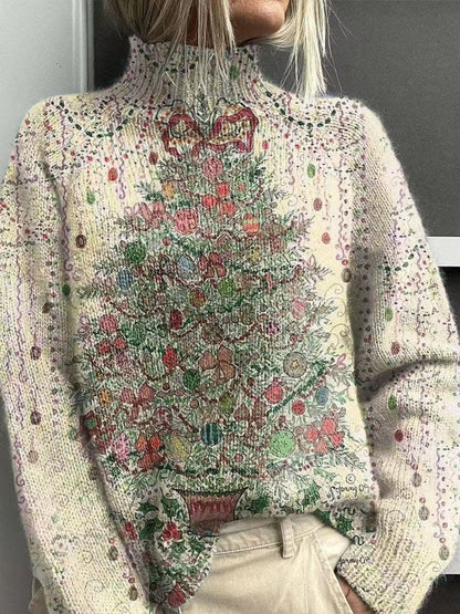 Festive Christmas Print Turtleneck Sweater for Women – Cozy Knit Pullover with Holiday Reindeer & Snowflake Design