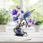 Hummingbird and purple flowers 2D acrylic ornament on a base
