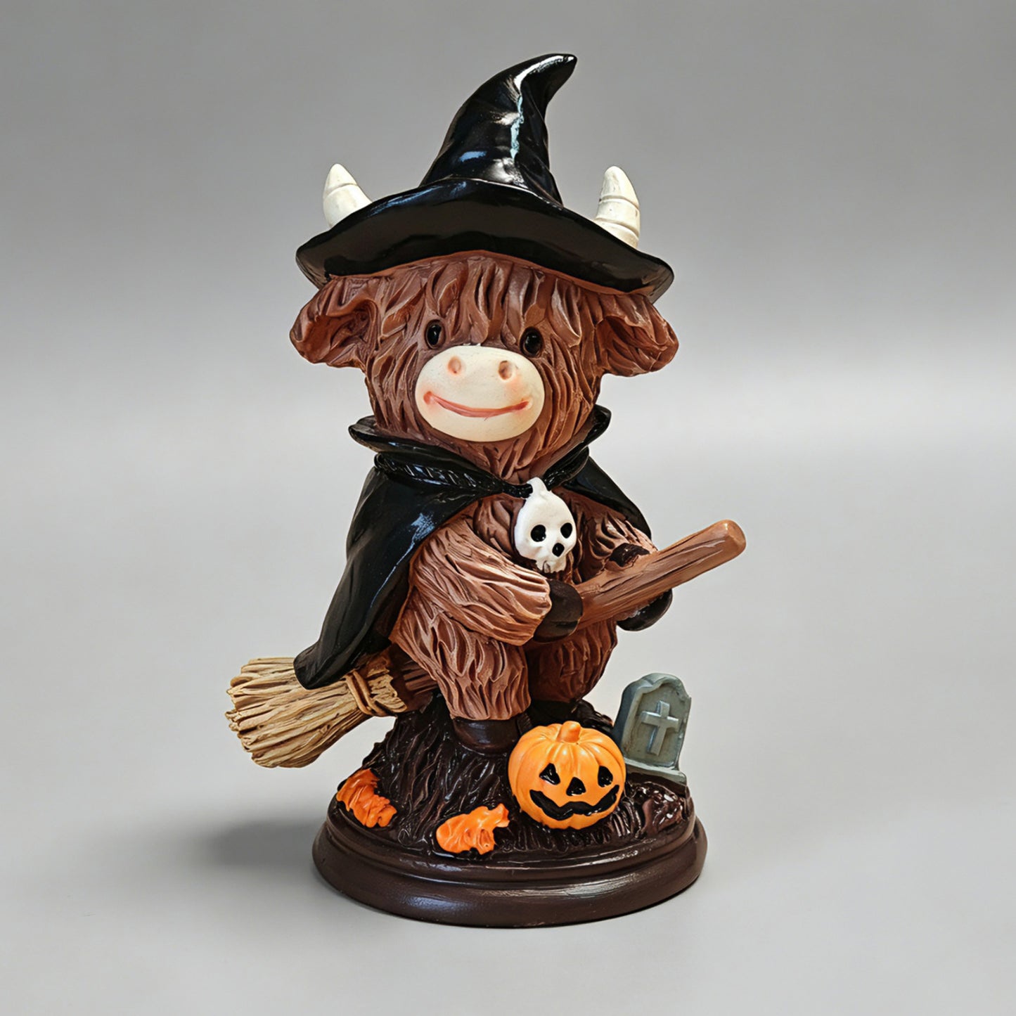 Halloween Witch Highland Cow Resin Figurine – Pumpkin Broom Festive Home Decor