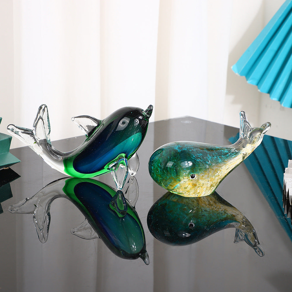 Handmade glazed craft glass whale dolphin marine animal art home accessories