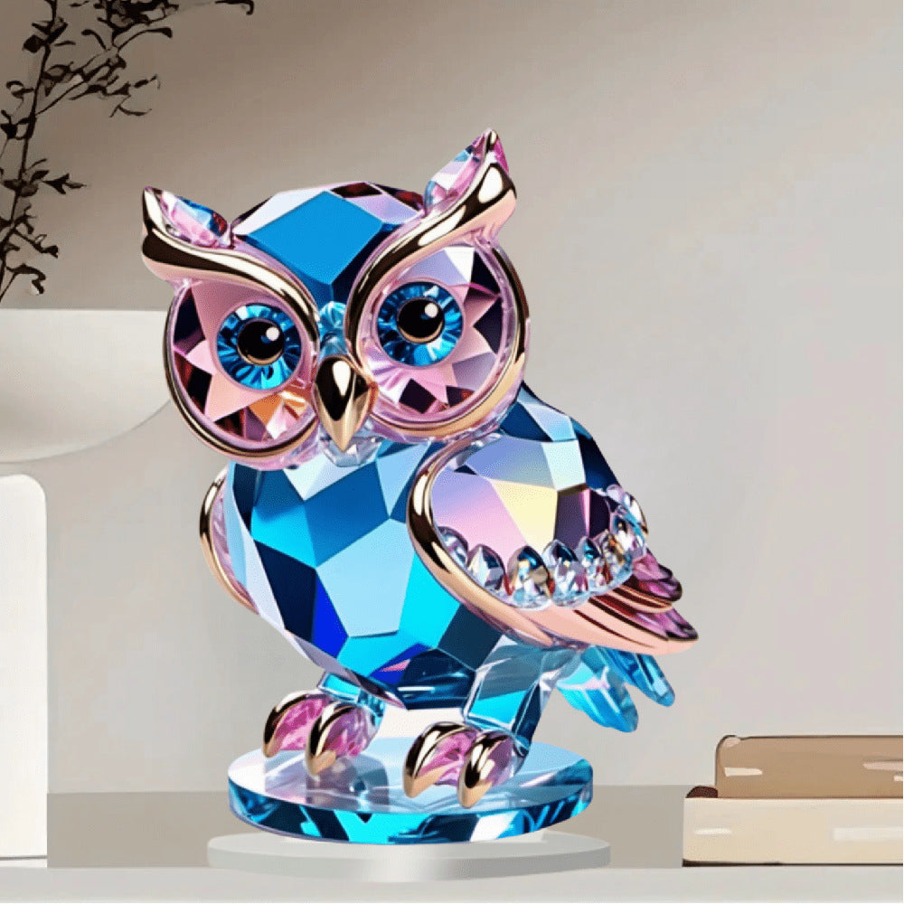 Front view of colorful owl flat acrylic tabletop ornament