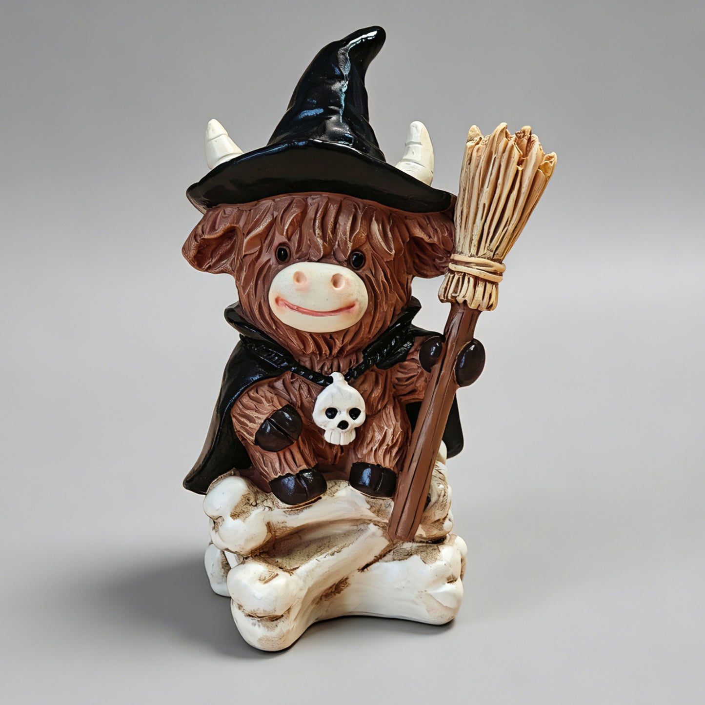 Halloween Witch Highland Cow Resin Figurine – Pumpkin Broom Festive Home Decor