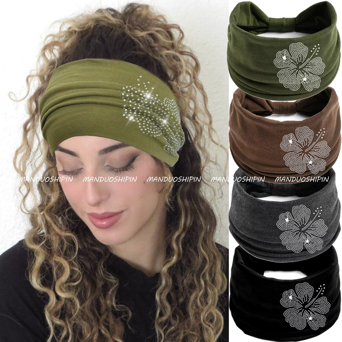Solid Color Hot Diamond Hibiscus Flower Headband Retro Fashion Accessories