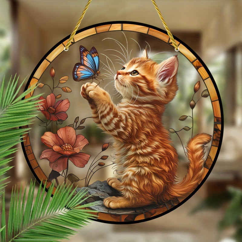 Orange kitten and blue butterfly round acrylic hanging ornament