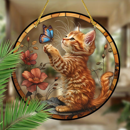 Whimsical Cat & Butterfly Acrylic Hanging Ornament