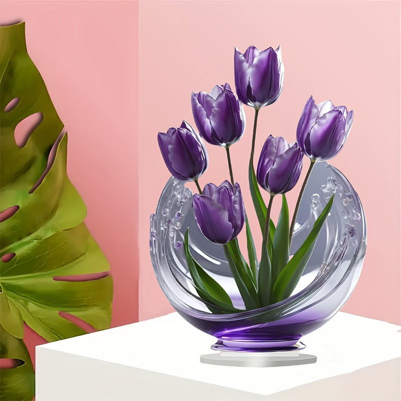 Purple tulip acrylic tabletop ornament against a pink background