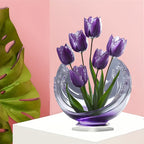 Purple tulip acrylic tabletop ornament against a pink background