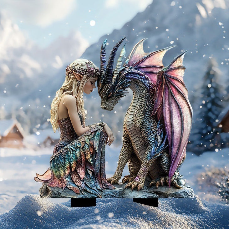 Fairy & Pink Dragon Acrylic Garden Stake – Waterproof Yard Decoration