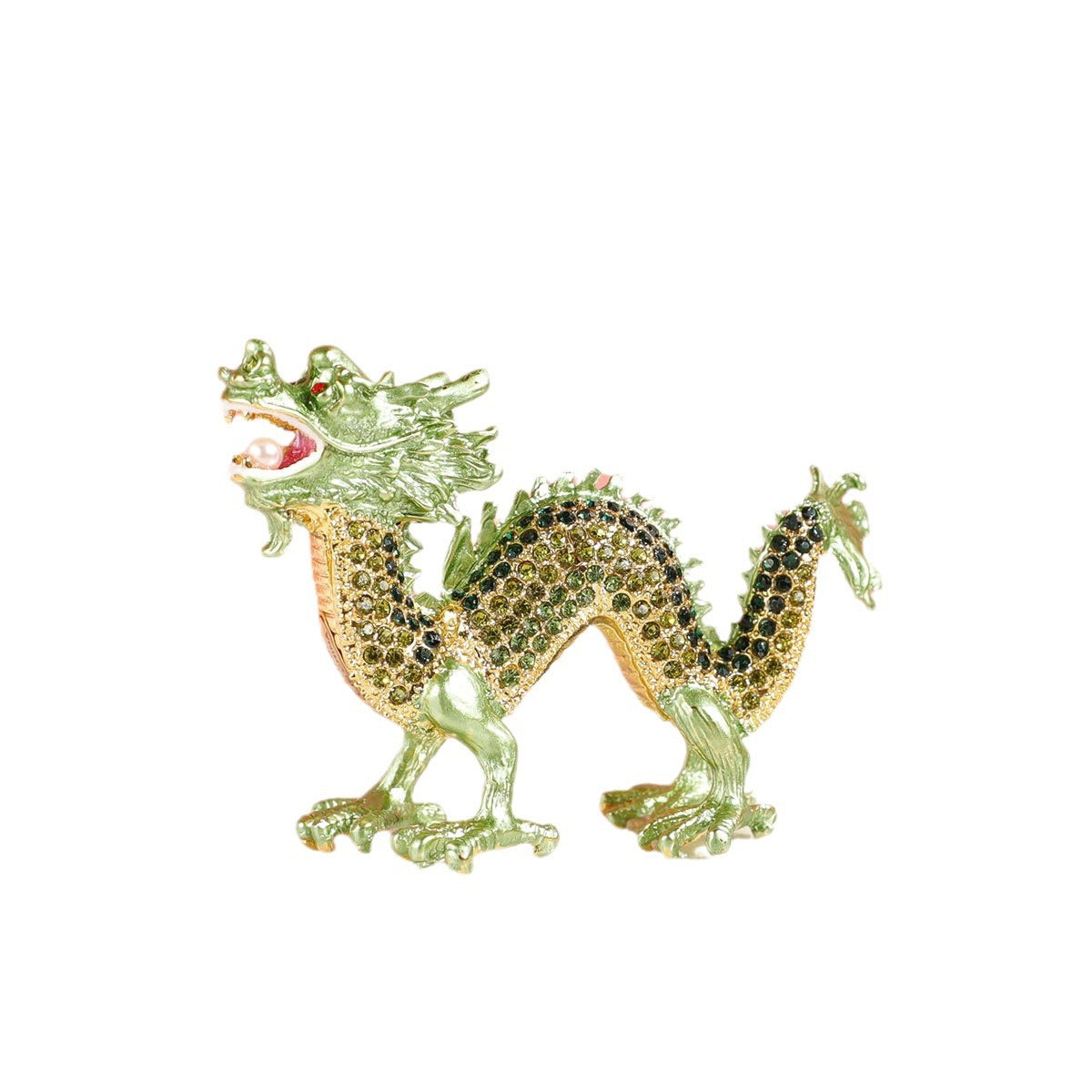 Green dragon figurine against a white background
