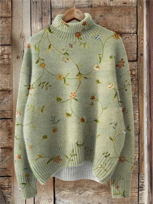 Festive Christmas Print Turtleneck Sweater for Women – Cozy Knit Pullover with Holiday Reindeer & Snowflake Design