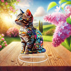 Stained-glass-style cat acrylic ornament with a garden backdrop