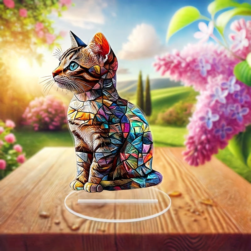 Stained-glass-style cat acrylic ornament with a garden backdrop