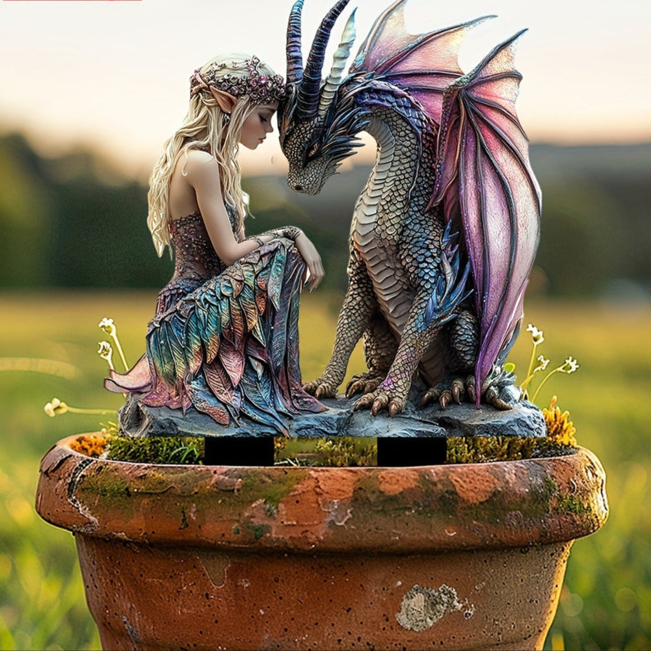 Fairy & Pink Dragon Acrylic Garden Stake – Waterproof Yard Decoration