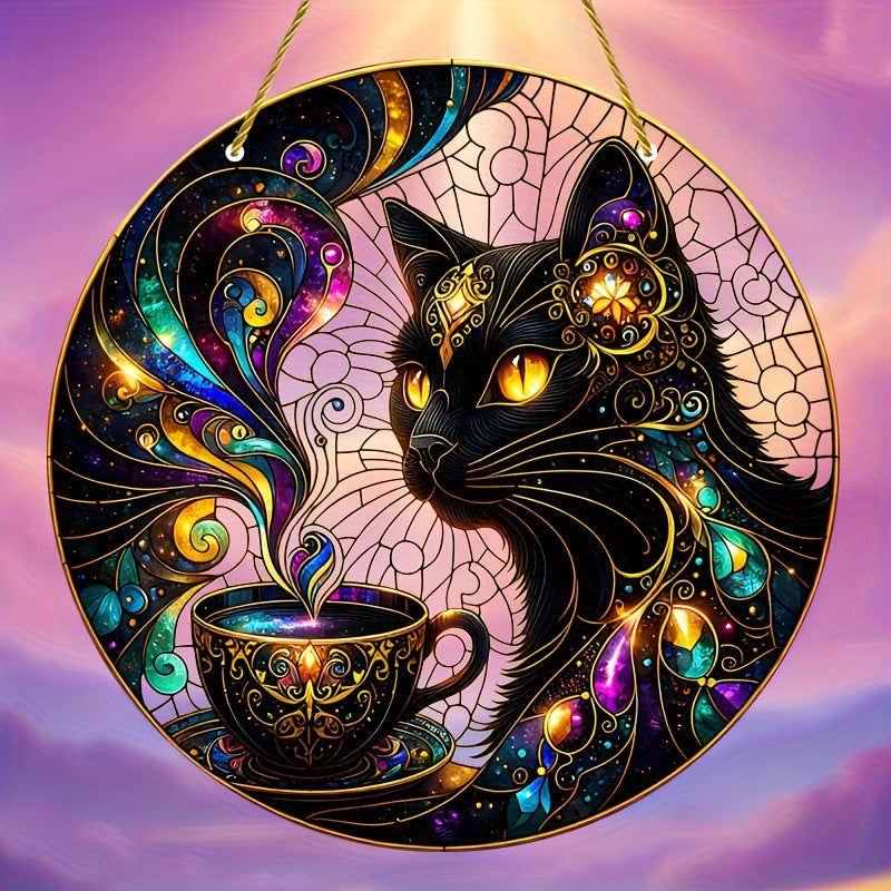 Round MoonCat hanging ornament with black cat and coffee cup artwork