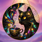 Round MoonCat hanging ornament with black cat and coffee cup artwork