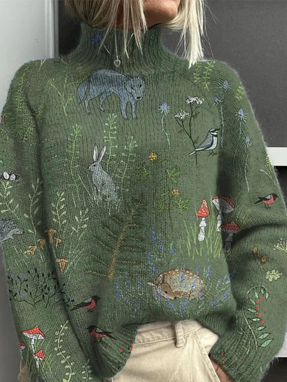 Festive Christmas Print Turtleneck Sweater for Women – Cozy Knit Pullover with Holiday Reindeer & Snowflake Design
