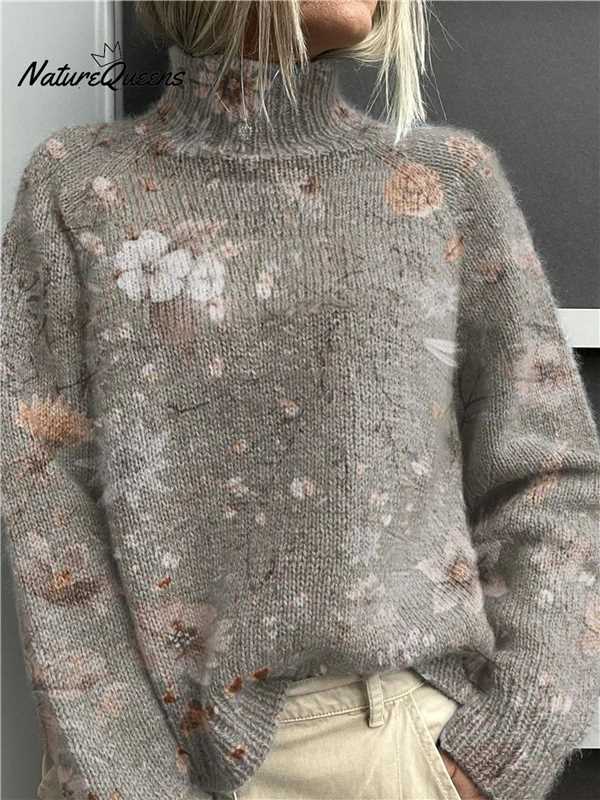 Festive Christmas Print Turtleneck Sweater for Women – Cozy Knit Pullover with Holiday Reindeer & Snowflake Design