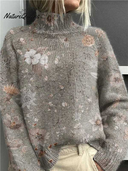 Festive Christmas Print Turtleneck Sweater for Women – Cozy Knit Pullover with Holiday Reindeer & Snowflake Design