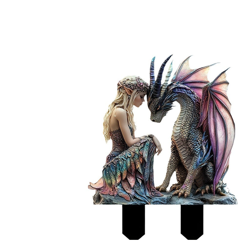 Fairy & Pink Dragon Acrylic Garden Stake – Waterproof Yard Decoration