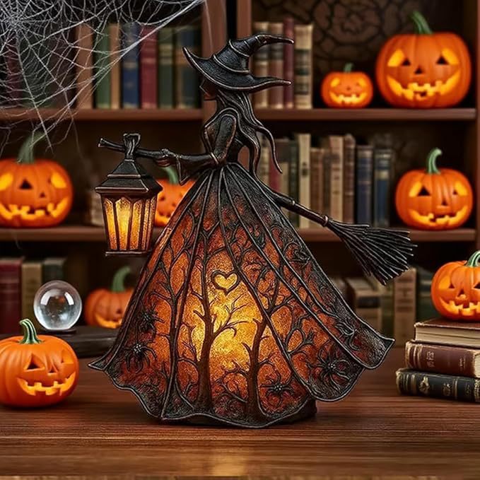 Witch LED Night Light – Halloween Resin Decor, Spooky Home Accent Lamp