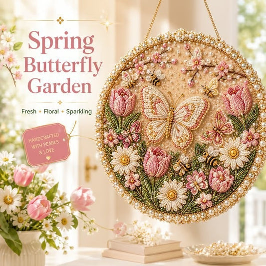 Handcrafted Pearl Butterfly Garden Wall Decor, Floral Hanging Wreath Art for Home