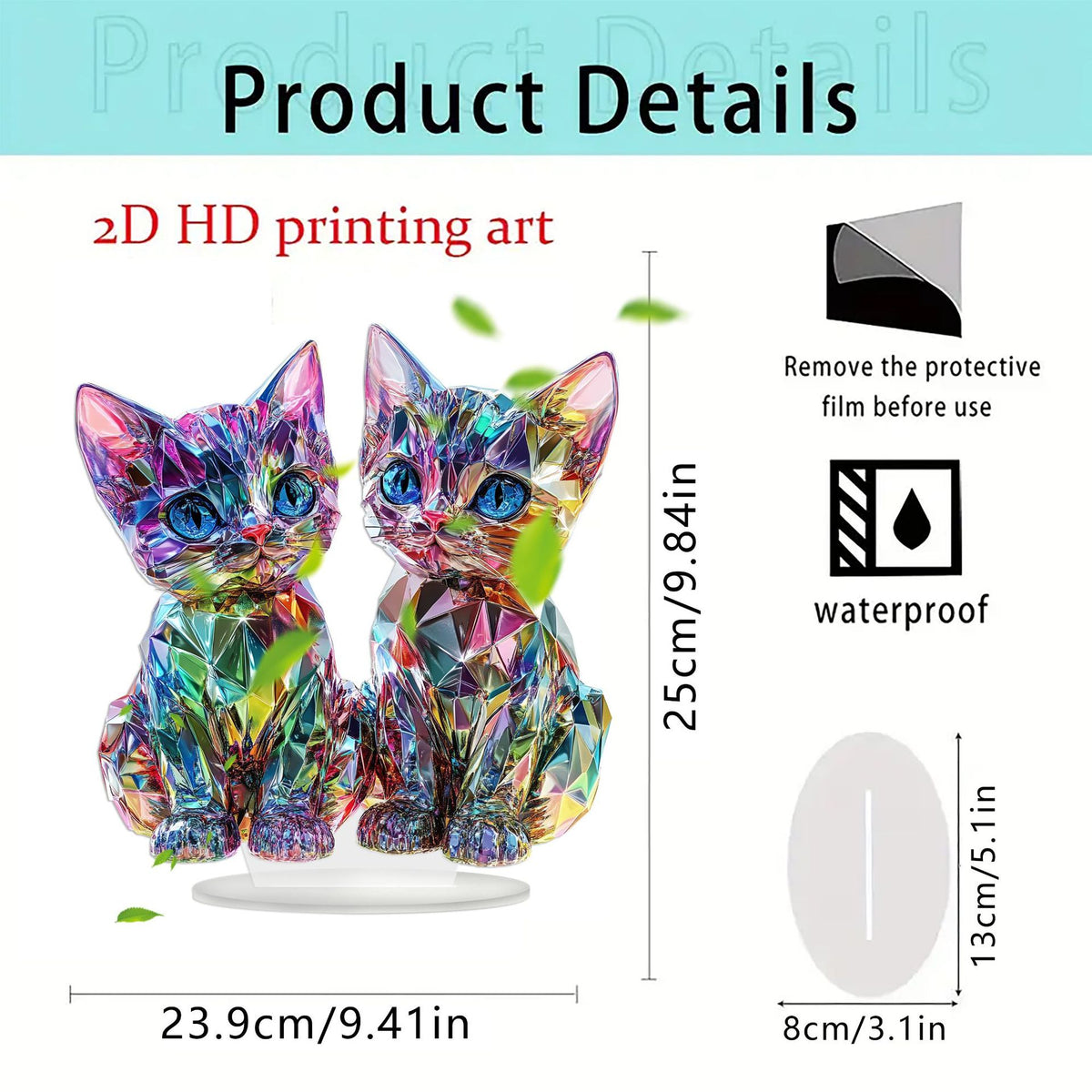 Lumi twin-cat acrylic ornament size and protective-film diagram