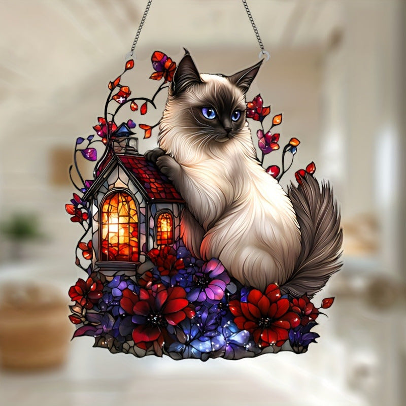 Siamese cat acrylic hanging ornament with flowers and cottage artwork