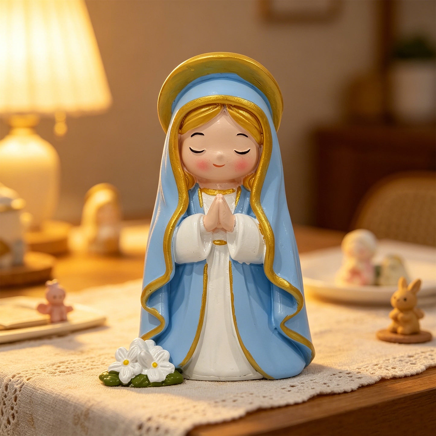 Sweet Prayer Girl Statue, Kawaii Resin Figurine with Blessing Charm for Home Decoration