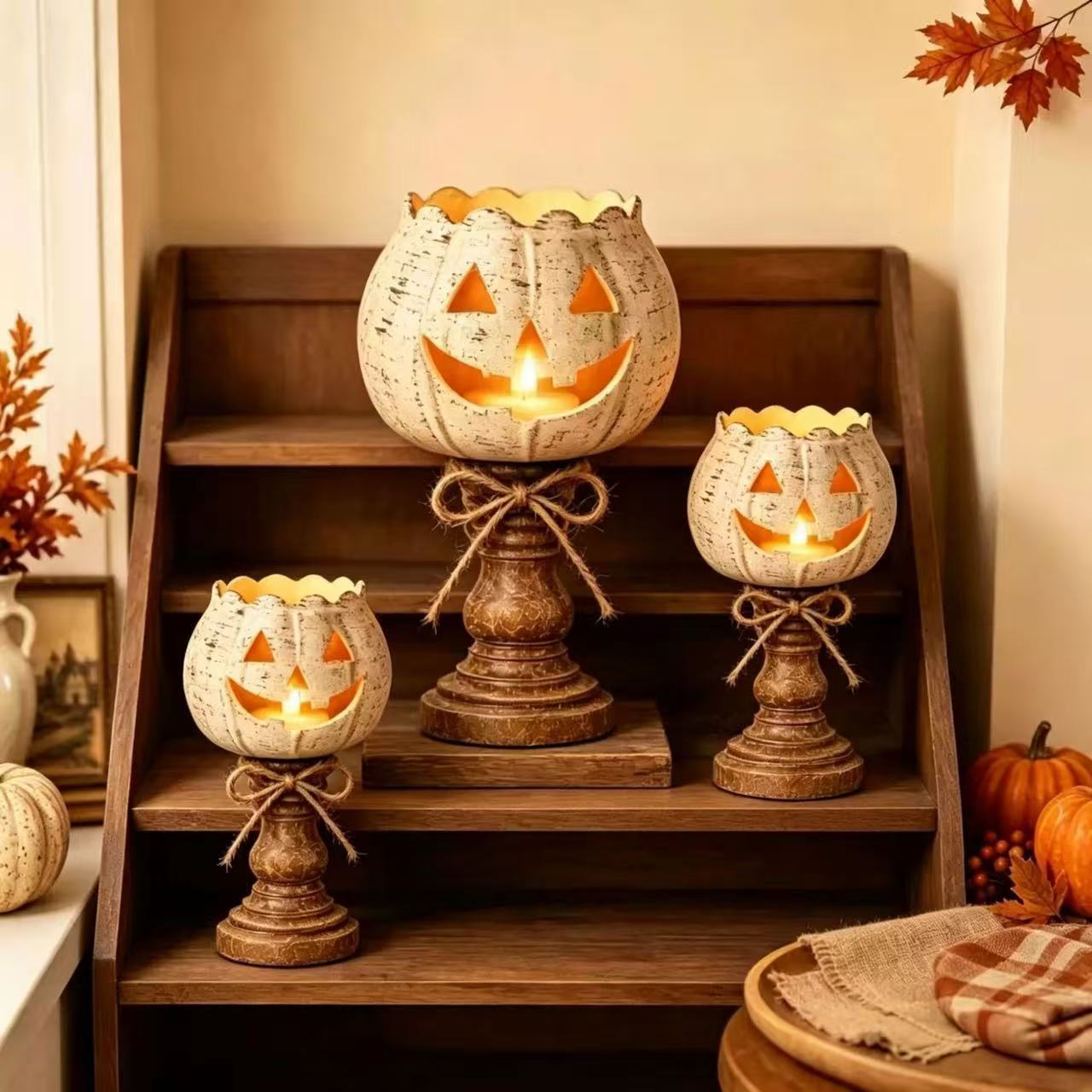 Halloween Pumpkin Candleholder Resin Figurine – Spooky Atmosphere Home Decor