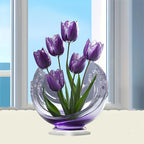 Purple tulip acrylic tabletop decoration in front of a window