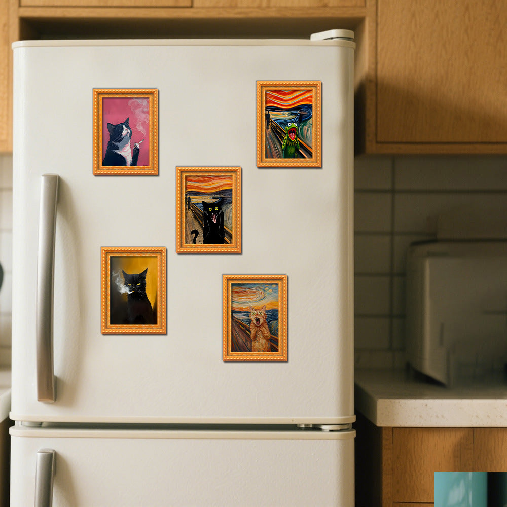 Vintage Screaming Cat Magnetic Frame - Gothic Oil Painting Style Wood