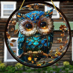 Blue owl acrylic hanging ornament displayed by a window