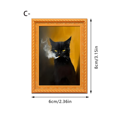 Vintage Screaming Cat Magnetic Frame - Gothic Oil Painting Style Wood