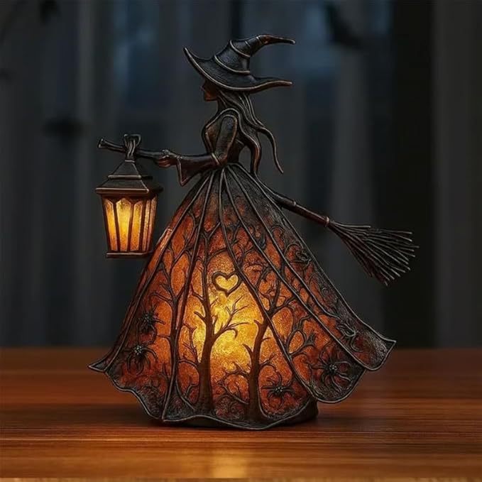 Witch LED Night Light – Halloween Resin Decor, Spooky Home Accent Lamp