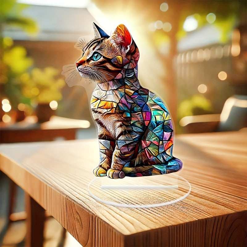 Colorful cat 2D acrylic ornament on a wooden table