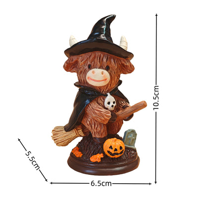 Halloween Witch Highland Cow Resin Figurine – Pumpkin Broom Festive Home Decor