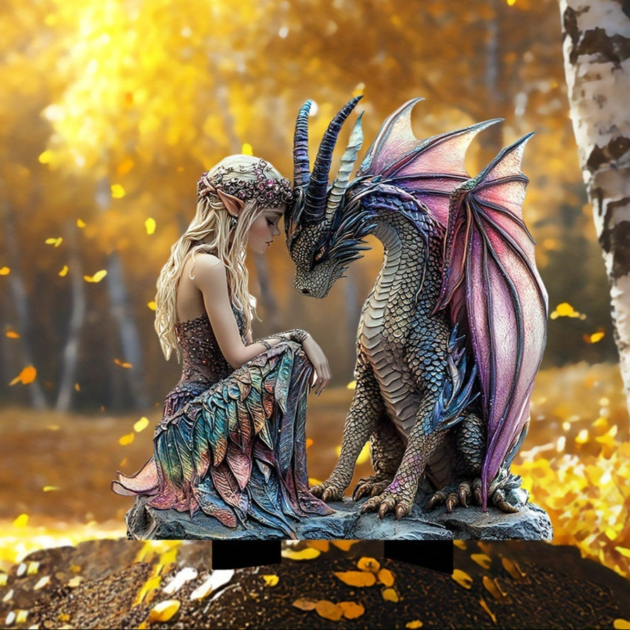Fairy & Pink Dragon Acrylic Garden Stake – Waterproof Yard Decoration