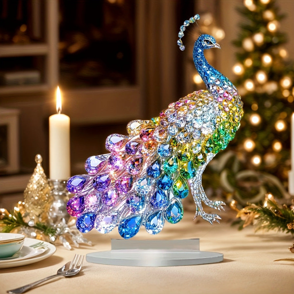 Colorful rooster 2D acrylic tabletop ornament on a round base