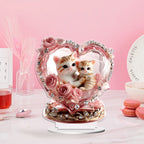 Cat couple 2D acrylic tabletop ornament with pink rose frame