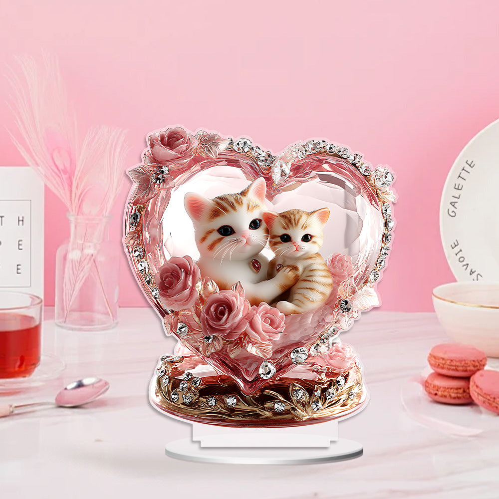 Cat couple 2D acrylic tabletop ornament with pink rose frame