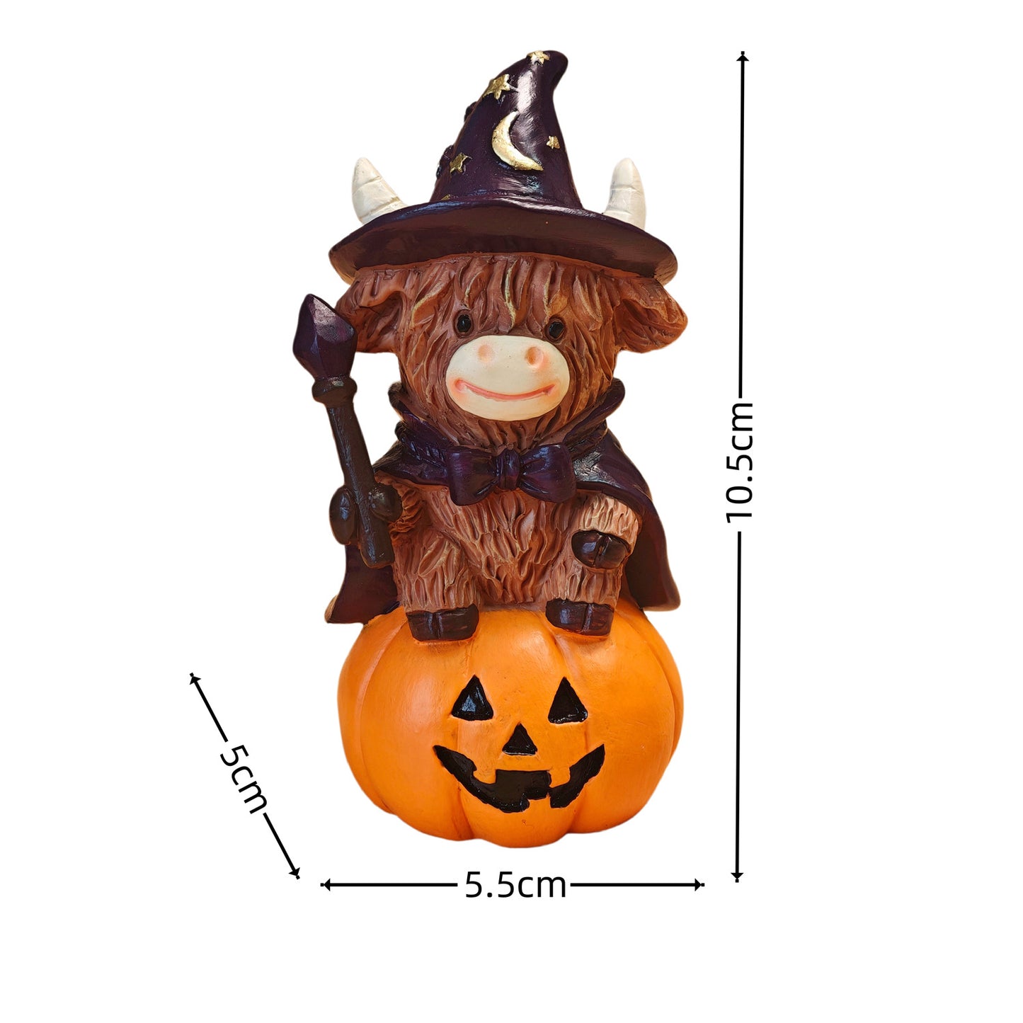 Halloween Witch Highland Cow Resin Figurine – Pumpkin Broom Festive Home Decor