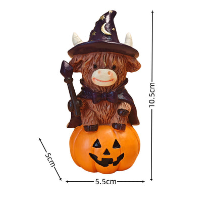 Halloween Witch Highland Cow Resin Figurine – Pumpkin Broom Festive Home Decor